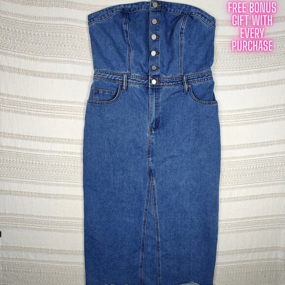 Sincerely Jules Strapless Denim Midi Dress Frayed Hem Pockets Blue Size XL NEW - Picture 1 of 7